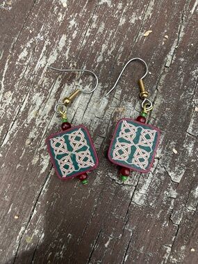 Handcrafted Green and Burgundy Square Dangle Earrings